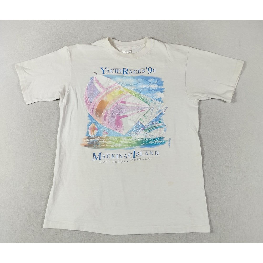 Vintage Yesterdays Mackinac Island Yacht Races Shirt Mens Medium White 90s Boat